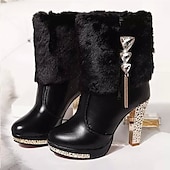 cheap Snow &amp; Winter Boots-Women&#039;s White Faux Fur Ankle Boots with Rhinestone Heels - Elegant Winter High Heels for Parties and Special Occasions