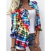 tanie Kwiatowe bluzki-Damskie Koszula Bluzka Szałat Żółty Czerwony Niebieski Kratka Kolorowy blok Guzik Nadruk Długi rękaw Codzienny Weekend Moda miejska Codzienny Kołnierzyk koszuli Regularny S