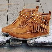 ieftine Botine-Botine de damă maro din piele întoarsă artificială cu franjuri - stil boho, cu cureaua cu împodobire și fermoar lateral pentru moda casual de toamnă