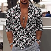 economico Modello etnico-Per uomo Floreale Camicia Camicia con bottoni Manica lunga Di tendenza Originale Informale Esterno Informale Giornaliero Estate Primavera Collo ripiegabile Stampa Bottone giù Nero Oro