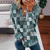 billige Kunst og design topper-Damer Quarter Zipper Genser Pullover Denim Print Aktiv Gateklær Rosa Blå Lilla Geometrisk Gate V-hals Langermet
