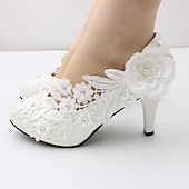 abordables Semiformal-Tacones de boda blancos para mujer: adornos florales de encaje con detalles de perlas y diamantes de imitación, perfectos para novias y ocasiones especiales