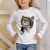 halpa Tyttöjen 3D Eläimet-Lapset Tyttöjen T-paita Eläin Kausaliteetti 3D-tulostus Pitkähihainen Crewneck söpö tyyli 7-13 vuotta Syksy Musta Valkoinen Norsunluu