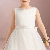 abordables Robes de petite fille-Robe de demoiselle d'honneur princesse longueur sol pour mariage à la plage première communion robe de bal mignonne satin avec nœud(s) taille pour 3-16 ans robe à impressionner