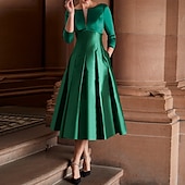 economico Abiti da cocktail-Abiti Cocktail A-Line Abito Elegante Ospite di Matrimonio Abbigliamento da Festa Lunghezza Tè Manica 3/4 Scollatura a Gioiello Ospite di Matrimonio d&#039;Autunno Satin con Pieghe Abiti Derby 2025