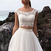 economico Abiti da sposa-Matrimonio in Spiaggia Abiti da Sposa Casual in Sala Separati Scollo Illusione Manica a Cappuccio Separati Pizzo Tops Sposa Abiti Sposa con Applicazioni