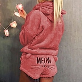 economico Completi pigiami da donna-tuta da casa da donna set 2 pezzi animale gatto caldo peluche comfort casa strada quotidiano pile felpa con cappuccio manica lunga felpa con cappuccio pantaloncini elastico in vita fa casa abiti