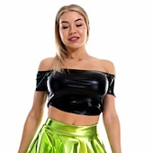 cheap Tops-Metallic 1980s Shiny Latex Patent Crop Top PU Leather Off Shoulder Women&#039;s Carnival Costume Masquerade Party Bachelorette Party Pride Parade Adults&#039; Top