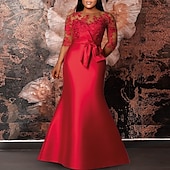 abordables ROUGE-Robe Sirène Rouge Verte Grande Taille Courbe Robes Formales Grande Taille Invité Formal Mariage Longueur de Sol Manche Mi-Longue Col Bijou Satin avec Appliques Bretelles
