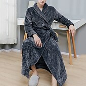 ieftine Halate-Bărbați Halat Halate de baie Halat de Baie Robă de prosop Simplu Stilat Casual Clasic Casă Flanel Confort Cald Απαλό În V Halat lung Buzunar Iarnă Negru Alb