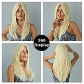 voordelige Synthetische trendy pruiken-lange 613 blonde pruik met pony rechte pruiken voor vrouwenhittebestendige gelaagde synthetische pruiken voor dagelijks gebruik