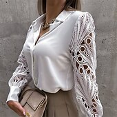 baratos Tops elegantes-Mulheres Camisa Social Camisa de renda Blusa Topo de ilhó Cor Sólida / Simples Elegante Moda Diário Colarinho de Camisa Escritório Rua Para Noite Patchwork Buraco Preto Branco Primavera &amp; Outono