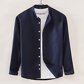 cheap Men&#039;s Oxford Shirts-Men&#039;s Chinese Collar Shirt Mandarin Collar Shirt Dress Shirt Oxford Shirt Collarless Shirt Plain Wedding Outdoor Sea Blue White Yellow Navy Blue Long Sleeve Stand Collar Spring &amp;  Fall Clothing