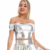 cheap Tops-Metallic 1980s Shiny Latex Patent Crop Top PU Leather Off Shoulder Women&#039;s Carnival Costume Masquerade Party Bachelorette Party Pride Parade Adults&#039; Top