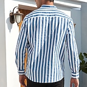 preiswerte Herrenhemd zum Knöpfen-Herren Hemd Hemd mit chinesischem Kragen Hemd mit Stehkragen Popover-Hemd Sommerhemd Freizeithemd Schwarzgrau Blau Staubiges Blau Grün Langarm Gestreift Schwarz &amp; Weiß Kragen Lässig Täglich