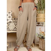 cheap Plain Cotton Linen Pant-Women&#039;s Cotton Linen Pants Baggy Pants Harem Pants Comfort Solid Color Pocket Elastic Waist Causal Black White Army Green Dark Navy Summer Spring Fall