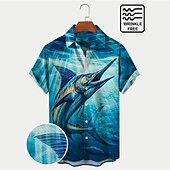 preiswerte Ozean-Druck-Herren Tier Fische Seelandschaftsmuster Hemd Hawaiihemd Sommerhemd Aloha-Shirt Kurze Ärmel Hemd Umlegekragen Modisch Designer Brautkleider schlicht Outdoor Strasse Casual Blau S M L