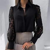 baratos Tops elegantes-Mulheres Camisa Social Camisa de renda Blusa Topo de ilhó Cor Sólida / Simples Elegante Moda Diário Colarinho de Camisa Escritório Rua Para Noite Patchwork Buraco Preto Branco Primavera &amp; Outono