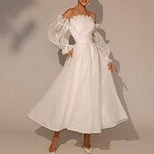 billige Små Hvite Kjoler-Liten Hvit Kjole Bryllupsdusj Kjoler Bryllup Kjoler A-Linje Kante Uten Ermer Ankellengde Organza Bryllupsdrakter Med Fald Solid Farge