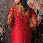 abordables ROUGE-Robe Sirène Rouge Verte Grande Taille Courbe Robes Formales Grande Taille Invité Formal Mariage Longueur de Sol Manche Mi-Longue Col Bijou Satin avec Appliques Bretelles