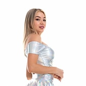 cheap Tops-Metallic 1980s Shiny Latex Patent Crop Top PU Leather Off Shoulder Women&#039;s Carnival Costume Masquerade Party Bachelorette Party Pride Parade Adults&#039; Top