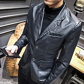 halpa Miesten Klassiset Bleiserit-Miesten Nahkatakit Bleiseri Toimisto &amp; ura Arki-asut Lämmin Tasku Painike alas 봄 &amp; Syksy Yksivärinen / yksivärinen Tyylikäs Lämmittely Sänkyjen avaus Tekonahka Viini Musta khaki Tumman sininen Jackets