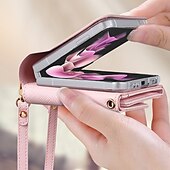 お買い得  サムスン用ケース-電話 ケース 用途 サムスンのギャラクシー Zフリップ6 Z Flip 5 Z Flip 4 Z Flip 3 ウォレットカードケース バンパーフレーム 全身保護 リストストラップ付き ソリッド PUレザー