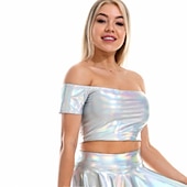cheap Tops-Metallic 1980s Shiny Latex Patent Crop Top PU Leather Off Shoulder Women&#039;s Carnival Costume Masquerade Party Bachelorette Party Pride Parade Adults&#039; Top