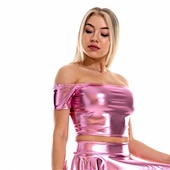 cheap Tops-Metallic 1980s Shiny Latex Patent Crop Top PU Leather Off Shoulder Women&#039;s Carnival Costume Masquerade Party Bachelorette Party Pride Parade Adults&#039; Top