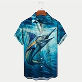 preiswerte Ozean-Druck-Herren Tier Fische Seelandschaftsmuster Hemd Hawaiihemd Sommerhemd Aloha-Shirt Kurze Ärmel Hemd Umlegekragen Modisch Designer Brautkleider schlicht Outdoor Strasse Casual Blau S M L