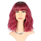 baratos Perucas de festa-Peruca Curta Loiro com Mechas Rosas Perucas com Franja Peruca Bob Cacheada e Ondulada Sintética com Comprimento até os Ombros para Meninas Fantasias de Halloween e Festas de Cosplay