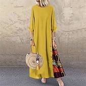 abordables Vestidos Florales Impresos-Mujer Amarillo Rojo Azul Marino Verano Primavera Otoño Vestido largo maxi Vestido bohemio Vestido informal Vestido de lino de algodón Bohemia Moda Casual Diario Exterior Noche Holgado Cuello Barco