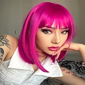 billige Syntetiske trendy parykker-rosa bob parykker med smell 12 tommer korte rett bob parykker fargerik syntetisk cosplay daglig fest parykk for kvinner