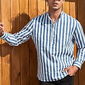 preiswerte Herrenhemd zum Knöpfen-Herren Hemd Hemd mit chinesischem Kragen Hemd mit Stehkragen Popover-Hemd Sommerhemd Freizeithemd Schwarzgrau Blau Staubiges Blau Grün Langarm Gestreift Schwarz &amp; Weiß Kragen Lässig Täglich