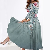 cheap Elegant Floral Dresses-Women&#039;s Midi Dress Tiered Dress Elegant Vintage Date Regular Fit Flower Long Sleeve Crew Neck Blue Green Grey Summer Spring Fall Autumn