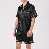 cheap Men&#039;s Pajamas-Men&#039;s Sleepwear Pajama Set Silk Pajama Pajama Top and Shorts 1 set Plain Fashion Comfort Home Bed Faux Silk Comfort Lapel Short Sleeve Shorts Button Spring Summer Black Blue