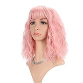 baratos Perucas de festa-Peruca Curta Loiro com Mechas Rosas Perucas com Franja Peruca Bob Cacheada e Ondulada Sintética com Comprimento até os Ombros para Meninas Fantasias de Halloween e Festas de Cosplay