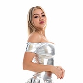 cheap Tops-Metallic 1980s Shiny Latex Patent Crop Top PU Leather Off Shoulder Women&#039;s Carnival Costume Masquerade Party Bachelorette Party Pride Parade Adults&#039; Top