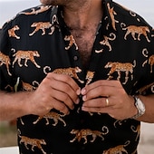 preiswerte Vögel &amp; Tiere-Herren Tier Leopard Hemd Hawaiihemd Sommerhemd Aloha-Shirt Kurze Ärmel Hemd Umlegekragen Tropisch Modisch Hawaiianisch Outdoor Strasse Hawaiianisch Schwarz Braun Grün S M L