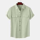 abordables Classique-Homme Chemise Lin Chemisette Chemise d&#039;été Tenues de plage Chemise boutonnée Plein Vacances Casual Rose Claire Blanche Vert Claire Rouge Manche Courte Col rabattu Eté Vêtement Tenue