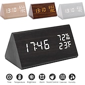cheap Radios and Clocks-Wooden Digital Alarm Clock with Wooden Electronic LED Time Display 3 Alarm Settings Humidity Temperature Detect Wood Made Electric Clocks for Bedroom