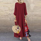 abordables Vestidos Florales Impresos-Mujer Amarillo Rojo Azul Marino Verano Primavera Otoño Vestido largo maxi Vestido bohemio Vestido informal Vestido de lino de algodón Bohemia Moda Casual Diario Exterior Noche Holgado Cuello Barco