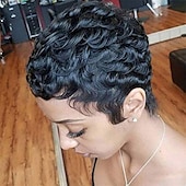 cheap Black &amp; African Wigs-Short Curly Pixie Cut Wigs with Bangs Wine Red Color Short Human Hair Wigs for Black Women Cute Daily Wear Wig Burgundy 99J Color