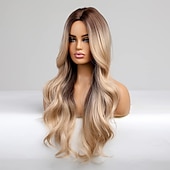 economico Parrucche trendy sintetiche-parrucca bionda lunga ombre per le donne 26 pollici parrucche ondulate bionde sintetiche parte centrale capelli resistenti al calore lunga parrucca bionda per abbigliamento da festa quotidiano