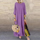 abordables Vestidos Florales Impresos-Mujer Amarillo Rojo Azul Marino Verano Primavera Otoño Vestido largo maxi Vestido bohemio Vestido informal Vestido de lino de algodón Bohemia Moda Casual Diario Exterior Noche Holgado Cuello Barco