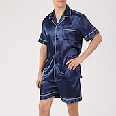 cheap Men&#039;s Pajamas-Men&#039;s Sleepwear Pajama Set Silk Pajama Pajama Top and Shorts 1 set Plain Fashion Comfort Home Bed Faux Silk Comfort Lapel Short Sleeve Shorts Button Spring Summer Black Blue