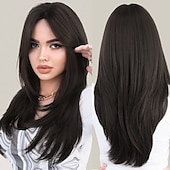 voordelige Synthetische trendy pruiken-lange 613 blonde pruik met pony rechte pruiken voor vrouwenhittebestendige gelaagde synthetische pruiken voor dagelijks gebruik