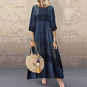abordables concevoir des robes en coton et lin-Femmes Rouge Kaki Bleu de minuit Été Printemps Robe maxi Robes inspirées du lin Robe Décontractée Mode Occasionnel Extérieur Quotidien Sortir Coupe Ample Plaid Col ras du cou Col Bateau