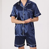 cheap Men&#039;s Pajamas-Men&#039;s Sleepwear Pajama Set Silk Pajama Pajama Top and Shorts 1 set Plain Fashion Comfort Home Bed Faux Silk Comfort Lapel Short Sleeve Shorts Button Spring Summer Black Blue