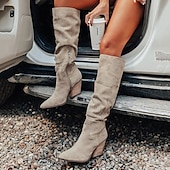 cheap Slouch Boots-Women&#039;s Taupe Suede Knee-High Western Boots with Block Heel, Stylish Pointed Toe Boots for Casual and Outdoor Wear